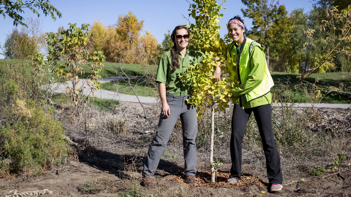 Happy volunteers with a small tree they just planted