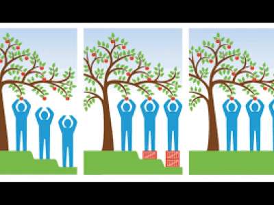 Graphic of three blue people holding apples to represent equality