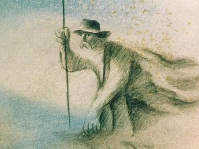 A still from the short film showing the lead character traveling through a windy field