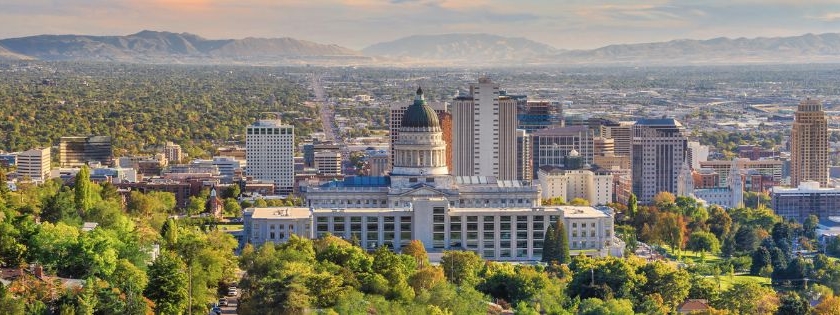 The Salt Lake City skyline on a Summer day with trees in the foreground
